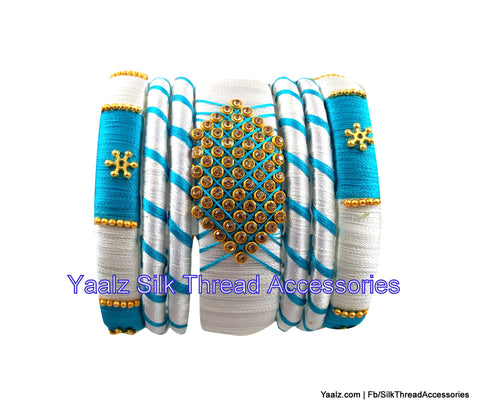 silk thread jewelry Bangle Earring Jumka-Yaalz Assorted Bangle Set In White & Turquoise Green Colors-YAALZ