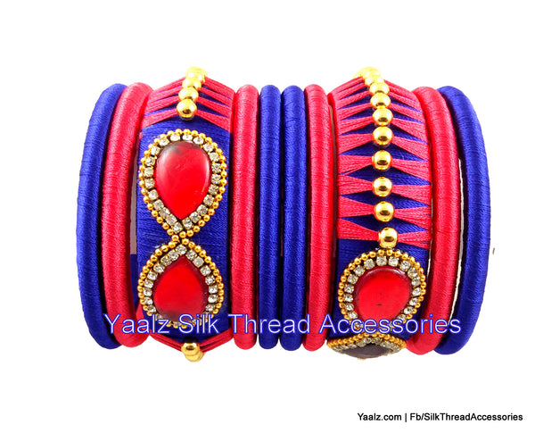 silk thread jewelry Bangle Earring Jumka-Yaalz Assorted Bangle Set In Royal Blue & Peach Pink Colors-YAALZ