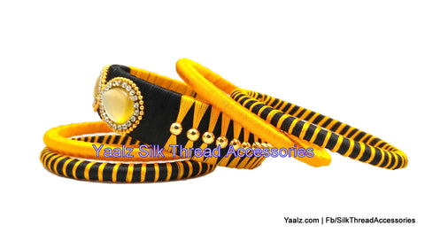 silk thread jewelry Bangle Earring Jumka-Yaalz Assorted Bangle Set In Yellow & Black Colors-YAALZ
