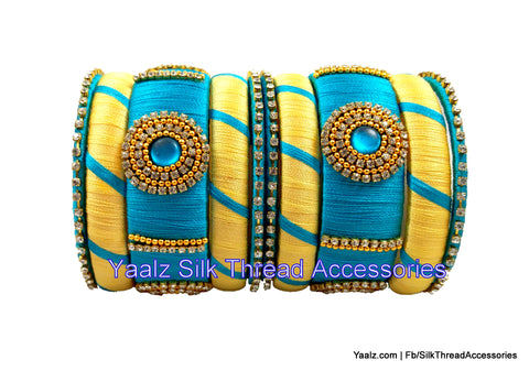 silk thread jewelry Bangle Earring Jumka-Yaalz Assorted Bangle Set In Turquoise Blue & Cream Colors-YAALZ
