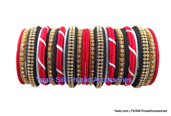 silk thread jewelry Bangle Earring Jumka-Yaalz Partywear Bangle Set In Red, White & Black Colors-YAALZ