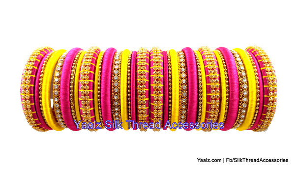 silk thread jewelry Bangle Earring Jumka-Yaalz Partywear Bangle Set In Rani Pink & Yellow Colors-YAALZ