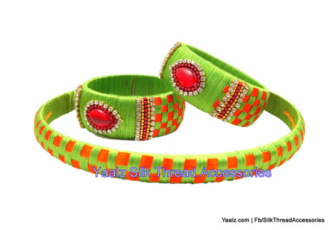 silk thread jewelry Bangle Earring Jumka-Yaalz Kids Hair Band With Checker Bangles In Parrot Green & Red Colors-YAALZ
