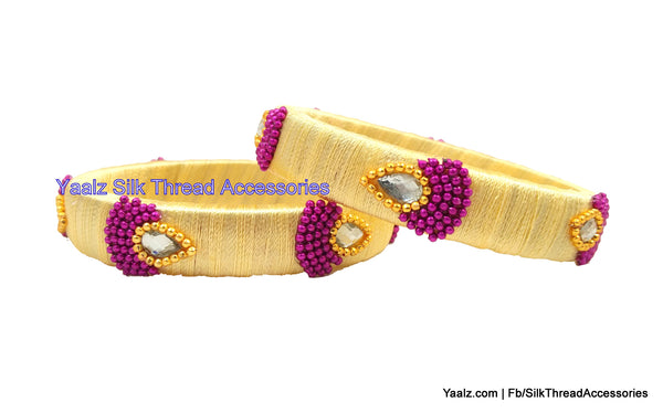 silk thread jewelry Bangle Earring Jumka-Yaalz Simple & Elegant Bangle Pair In Cream & Pink Colors-YAALZ