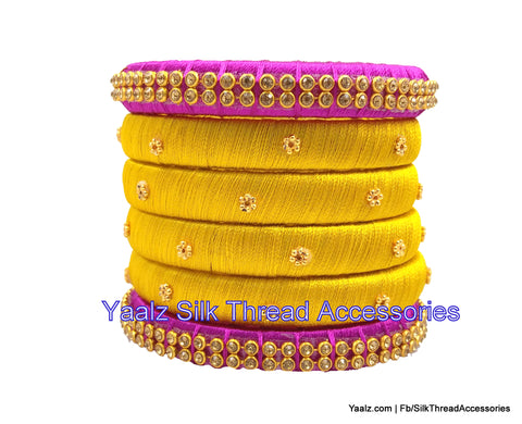 silk thread jewelry Bangle Earring Jumka-Yaalz Assorted Bangle Set In Golden Yellow & Pink Colors-YAALZ