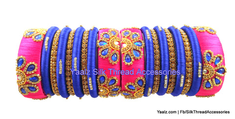 silk thread jewelry Bangle Earring Jumka-Yaalz Heavy Antique Stone Partywear Bangle Set In Pink & Royal Blue Colors-YAALZ