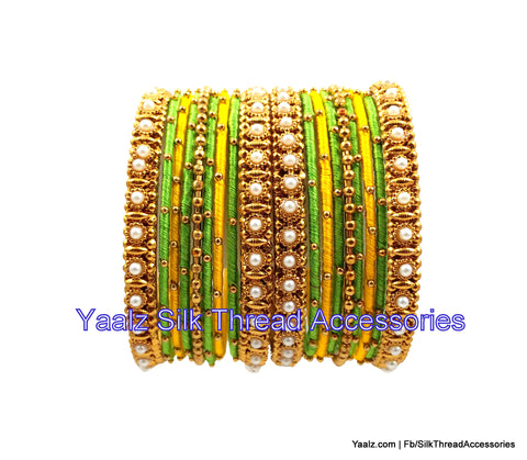 silk thread jewelry Bangle Earring Jumka-Yaalz Heavy Metal Bangle Set With Pearls in Light Green & Yellow Colors-YAALZ