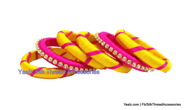 silk thread jewelry Bangle Earring Jumka-Yaalz Assorted Bangles Set In Golden Yellow & Rani Pink Colors-YAALZ