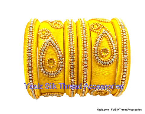 silk thread jewelry Bangle Earring Jumka-Yaalz Party Wear Bangle Set In Mustard Yellow Color-YAALZ