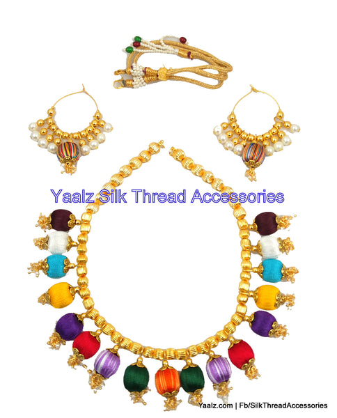 silk thread jewelry Bangle Earring Jumka-Yaalz Pearl Neckset & Bali Hoop Earrings In Multi Colors-YAALZ
