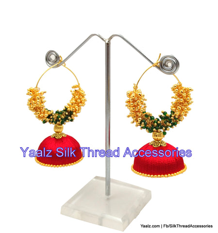 silk thread jewelry Bangle Earring Jumka-Yaalz Rich Gold Bali Hoop Jhumka With Gold Pearls In Red Color-YAALZ