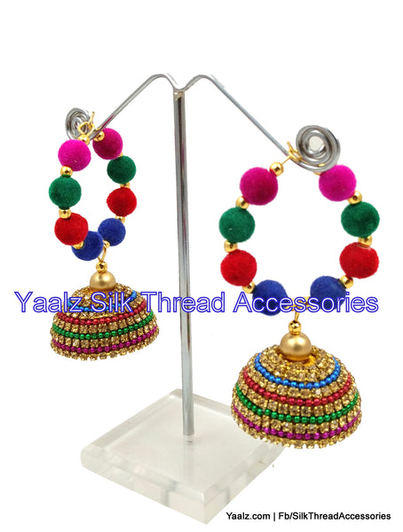 silk thread jewelry Bangle Earring Jumka-Yaalz Bali Hoop Heavy Antique Stone Jhumka In Multi Colors-YAALZ