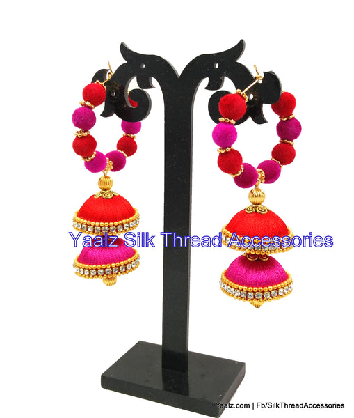 silk thread jewelry Bangle Earring Jumka-Yaalz Bali Hoop 2 Layer Jhumka Earring In Rani Pink & Orange Colors-YAALZ