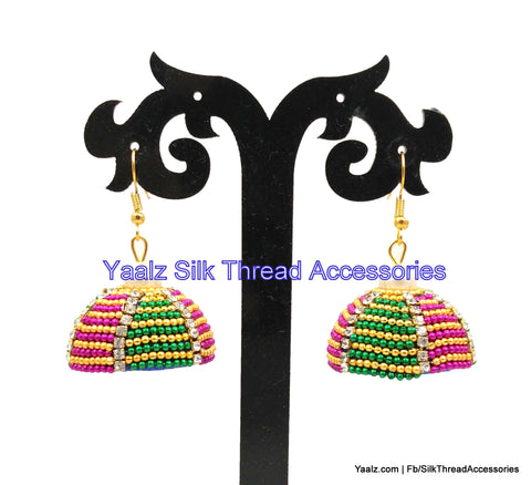 silk thread jewelry Bangle Earring Jumka-Yaalz Simple Hanging Jhumka With Heavy Chain Work In Multi Colors-YAALZ