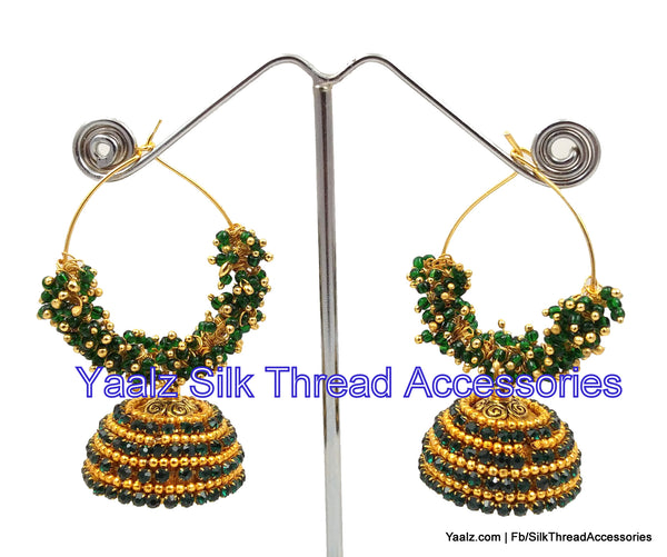 silk thread jewelry Bangle Earring Jumka-Yaalz Heavy Stone Bali Hoop Jhumka In Dark Green Color-YAALZ