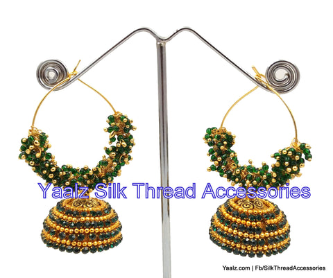 silk thread jewelry Bangle Earring Jumka-Yaalz Heavy Stone Bali Hoop Jhumka In Dark Green Color-YAALZ
