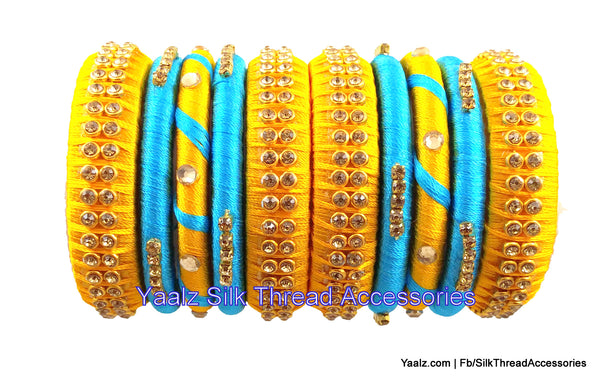 silk thread jewelry Bangle Earring Jumka-Yaalz Assorted Antique Stone Bangle Set in Golden Yellow & Copper Sulphate Blue Colors-YAALZ