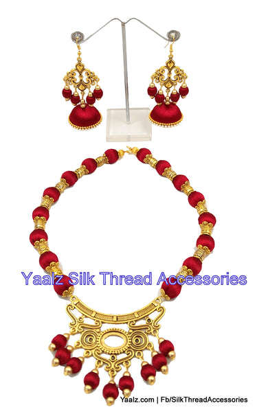 silk thread jewelry Bangle Earring Jumka-Yaalz Heavy Antique Gold Neckset In Maroon Color-YAALZ