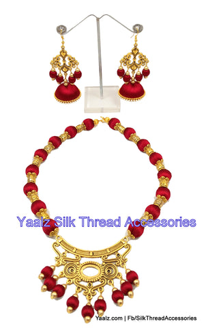 silk thread jewelry Bangle Earring Jumka-Yaalz Heavy Antique Gold Neckset In Maroon Color-YAALZ
