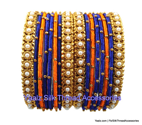 silk thread jewelry Bangle Earring Jumka-Yaalz Heavy Metal Bangle Set With Pearls in Royal Blue & Orange Colors-YAALZ