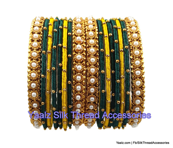silk thread jewelry Bangle Earring Jumka-Yaalz Heavy Metal Bangle Set With Pearls in Dark Green & Yellow Colors-YAALZ