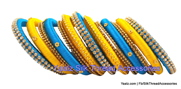 silk thread jewelry Bangle Earring Jumka-Yaalz Heavy Partywear Bangle Set In Golden Yellow & Copper Sulphate Blue Colors-YAALZ