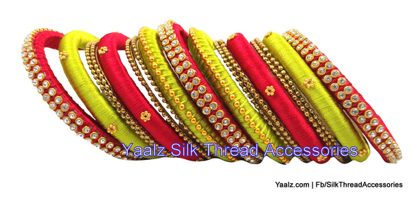 silk thread jewelry Bangle Earring Jumka-Yaalz Heavy Partywear Bangle Set In Red & Fluro Green Colors-YAALZ