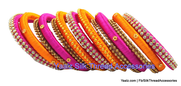 silk thread jewelry Bangle Earring Jumka-Yaalz Heavy Partywear Bangle Set In Rani Pink & Orange Colors-YAALZ