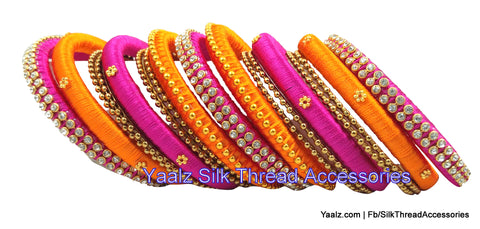 silk thread jewelry Bangle Earring Jumka-Yaalz Heavy Partywear Bangle Set In Rani Pink & Orange Colors-YAALZ