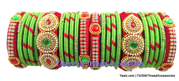 silk thread jewelry Bangle Earring Jumka-Yaalz Heavy Stone Partywear Bangle Set In Parrot Green & Red Colors-YAALZ