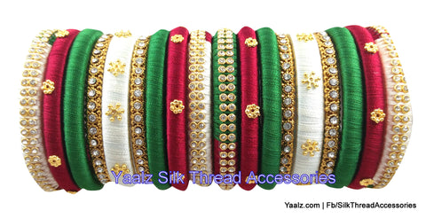 silk thread jewelry Bangle Earring Jumka-Yaalz Partywear Bangle Set in Green, Maroon & Half White Colors-YAALZ
