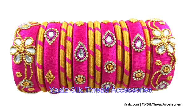 silk thread jewelry Bangle Earring Jumka-Yaalz Heavy Work Partywear Bangle Set in Rani Pink & Gold Colors-YAALZ