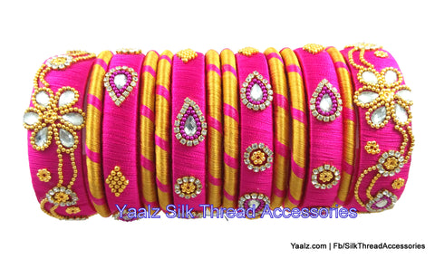silk thread jewelry Bangle Earring Jumka-Yaalz Heavy Work Partywear Bangle Set in Rani Pink & Gold Colors-YAALZ