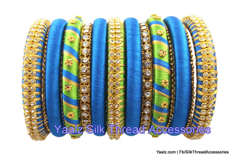 silk thread jewelry Bangle Earring Jumka-Yaalz Partywear Bangle Set in Copper Sulphate Blue & Green Colors-YAALZ