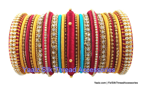 silk thread jewelry Bangle Earring Jumka-Yaalz Party Wear Bangle Set In Maroon, Turquoise Blue & Gold Colors-YAALZ