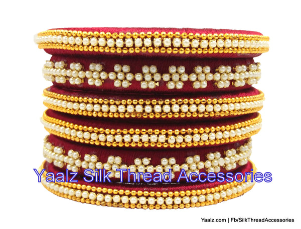 silk thread jewelry Bangle Earring Jumka-Yaalz Rich Pearl Bangle Set In Maroon Color-YAALZ