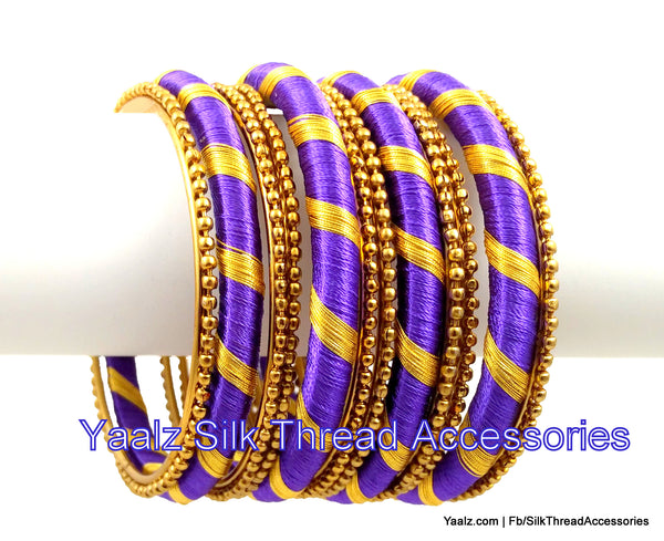 silk thread jewelry Bangle Earring Jumka-Yaalz Assorted Bangle Set With Gold Zari Work in Purple Color-YAALZ