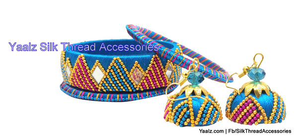 silk thread jewelry Bangle Earring Jumka-Yaalz Heavy Chain & Mirror Work Bangles Set & Jhumka Earring Combo In Teal Blue & Pink Colors-YAALZ