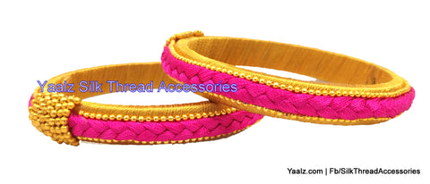 silk thread jewelry Bangle Earring Jumka-Yaalz Plaited Bangle Pair In Gold & Rani Pink Colors-YAALZ