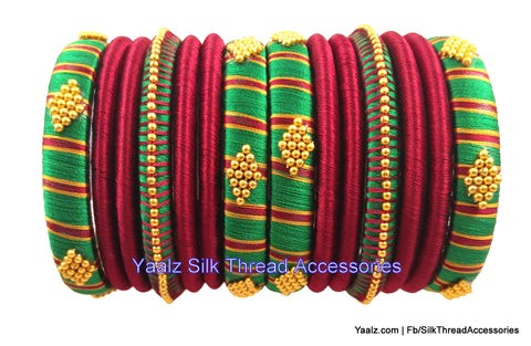 silk thread jewelry Bangle Earring Jumka-Yaalz Assorted Bangle Set in Maroon & Dark Green Colors-YAALZ