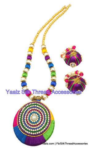 silk thread jewelry Bangle Earring Jumka-Yaalz Simple Neckset With Bali Hoop Jhumka Earrings In Multi Colors-YAALZ