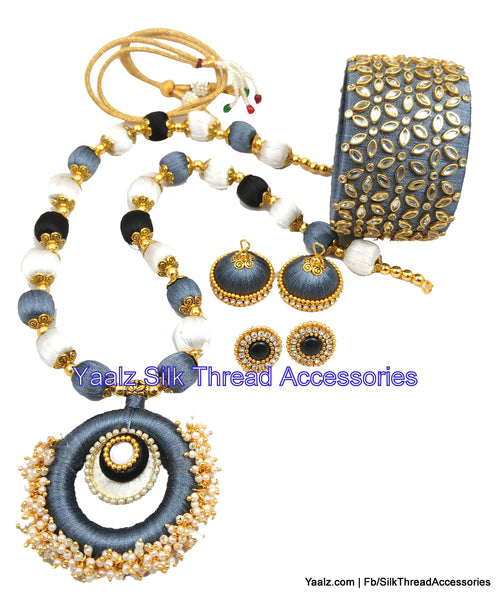 silk thread jewelry Bangle Earring Jumka-Yaalz Traditional Neckset With Kundan Work Jumbo Kada In Grey, Black & White Colors-YAALZ
