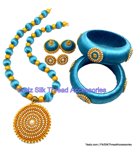 silk thread jewelry Bangle Earring Jumka-Yaalz Pearl Pendant Neckset & Kada Bangle Combo In Teal Blue Color-YAALZ