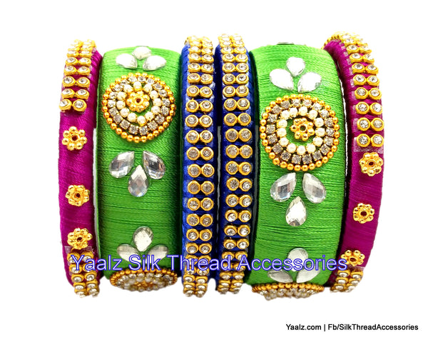 silk thread jewelry Bangle Earring Jumka-Yaalz Assorted Bangle in Parrot Green, Royal Blue & Magenta Pink Colors-YAALZ