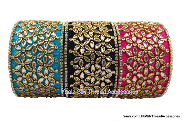 silk thread jewelry Bangle Earring Jumka-Yaalz 3pcs Jumbo Kada Set With Heavy Kundan Stone Work In Blue, Black & Rani Pink Colors-YAALZ