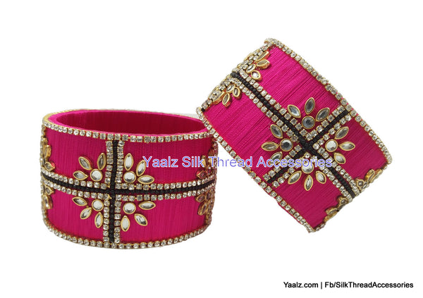 silk thread jewelry Bangle Earring Jumka-Yaalz Jumbo Kada Set With Kundan Stone Work In Rani Pink & Black Colors-YAALZ