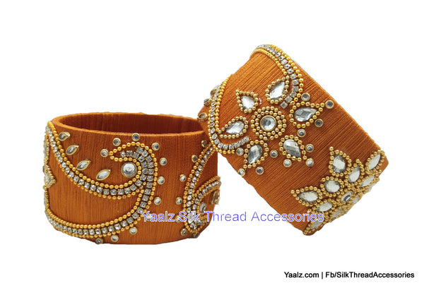 silk thread jewelry Bangle Earring Jumka-Yaalz Jumbo Kada Set With Kundan Stone Work In Dusty Gold Color-YAALZ