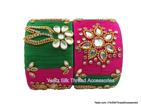 silk thread jewelry Bangle Earring Jumka-Yaalz Jumbo Kada Set With Kundan Stone Work In Rani Pink & Green Colors-YAALZ