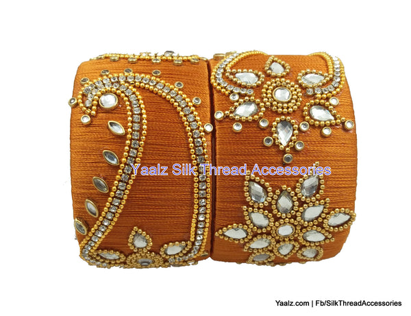 silk thread jewelry Bangle Earring Jumka-Yaalz Jumbo Kada Set With Kundan Stone Work In Dusty Gold Color-YAALZ
