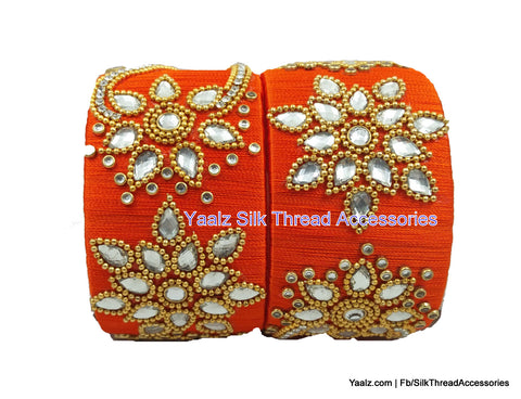 silk thread jewelry Bangle Earring Jumka-Yaalz Jumbo Kada Set With Kundan Stone Work In Orange Color-YAALZ